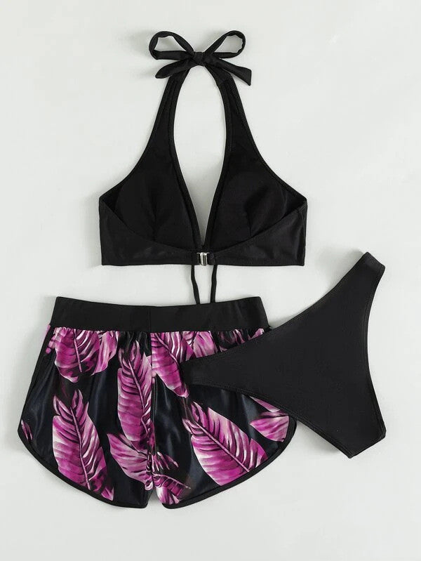 3pcs feuille imprimé bikini avec shorts mode été plage maillot de bain femmes vêtements