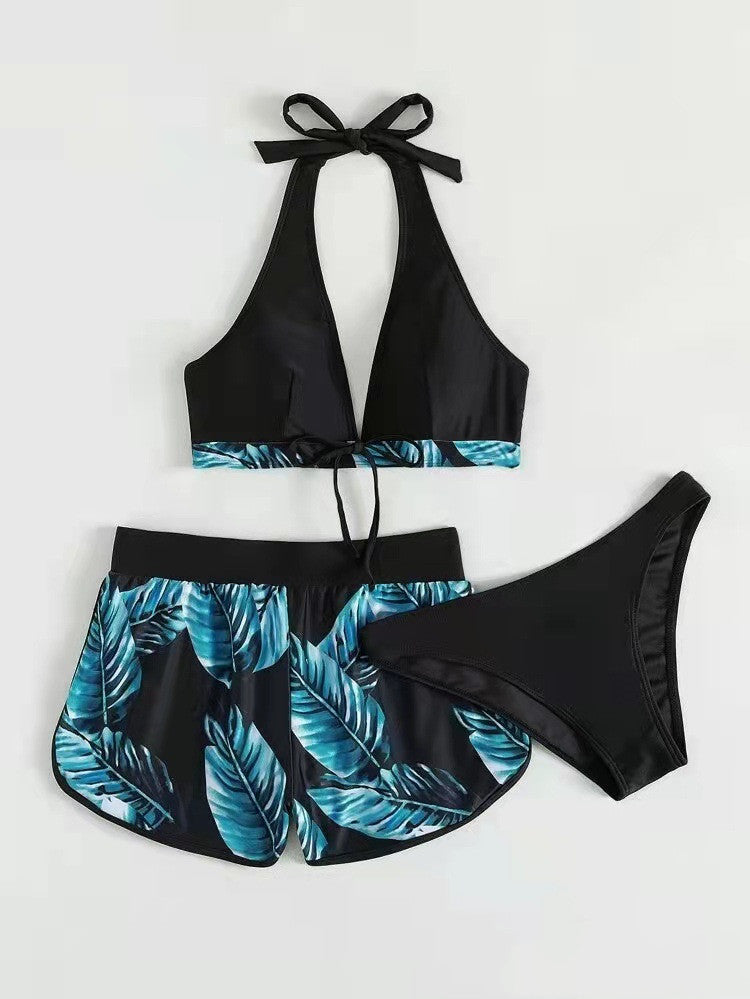 3pcs feuille imprimé bikini avec shorts mode été plage maillot de bain femmes vêtements