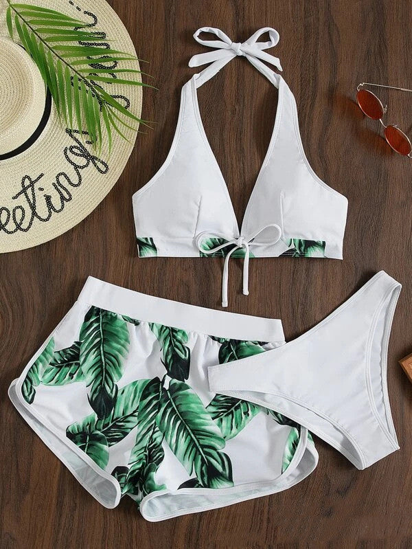 3pcs feuille imprimé bikini avec shorts mode été plage maillot de bain femmes vêtements