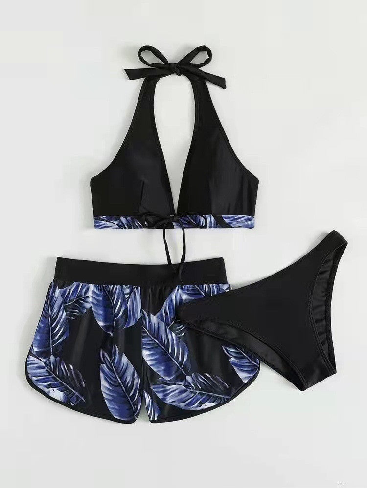 3pcs feuille imprimé bikini avec shorts mode été plage maillot de bain femmes vêtements
