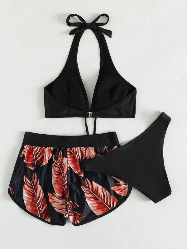 3pcs feuille imprimé bikini avec shorts mode été plage maillot de bain femmes vêtements