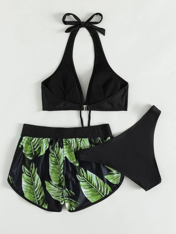 3pcs feuille imprimé bikini avec shorts mode été plage maillot de bain femmes vêtements
