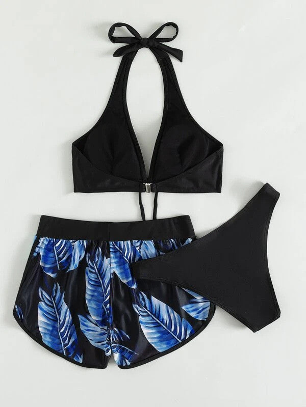 3pcs feuille imprimé bikini avec shorts mode été plage maillot de bain femmes vêtements