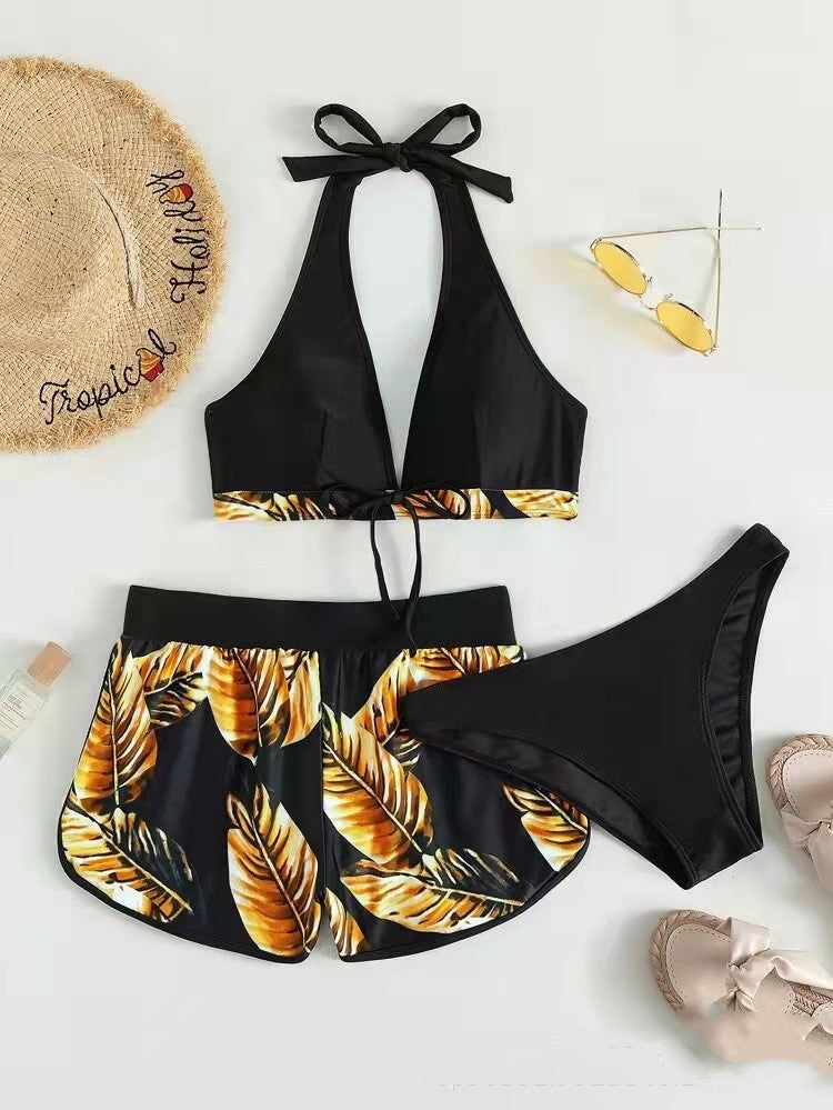 3pcs feuille imprimé bikini avec shorts mode été plage maillot de bain femmes vêtements